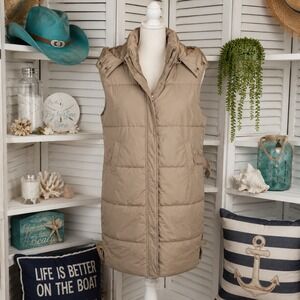 Katch Me Womens Tan Belted Puffer Duster Vest Zip Up Detachable Hood Size S